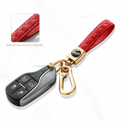 Image of Gkeygo Carabiner Keychain, Universal Heavy Duty Woven Handmade Leather Key Chain, Car Fob Key Keychains with 360 Degree Rotatable Snap Swivel and Anti-Lost D-Ring for Men and Women,Light Gold - Red