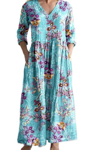 Women's Boho Floral Long Sleeve Maxi Dress Flowy Casual Loose Bohemia Vacation Long Tshirt Dress with Pockets