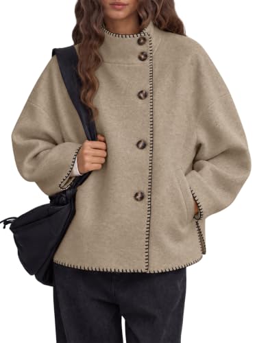 Tankaneo Womens Cropped Pea Coats Oversized Stand Collar Winter Wool Coat
