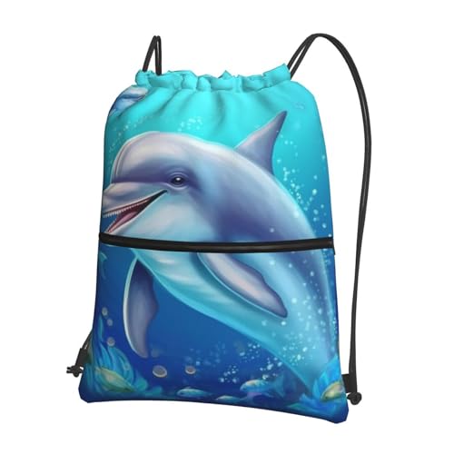 Drawstring Backpack Water Resistant String Bag Dolphin Sports Sackpack Gym Sack for Men Women