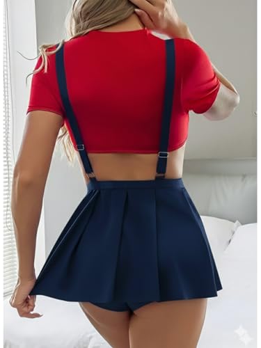 Image of Women's Sexy Schoolgirl Cosplay Babydoll - Red Crop Top & Black, Navy & Royal Pleated Suspender Skirt - Cute Roleplay Babydoll Outfit