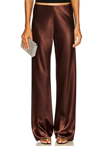 Skrtimory Women's Satin Wide Leg Dress Pants Hidden Elasticized Waistband Silk Casual Long Flowy...