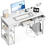 AODK 48 Inch Computer Desk with Fabric Drawers & Power Outlets, Office Desk with Storage Shelves & CPU Stand, Writing Study Table, Small Desk for Bedroom, White