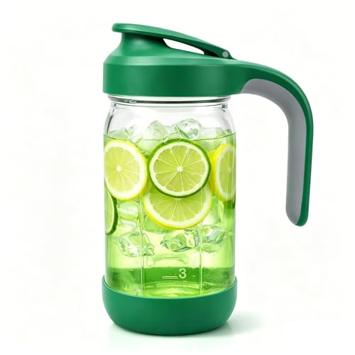Sursip 32 oz Glass Pitcher with Pour Spout Lid, Airtight & Leakproof Wide Mouth Non-Slip Mason Jar Pitcher for Iced Tea, Cold Brew Coffee, Lemonade, 1 Quart Water Pitcher for Frige - Green