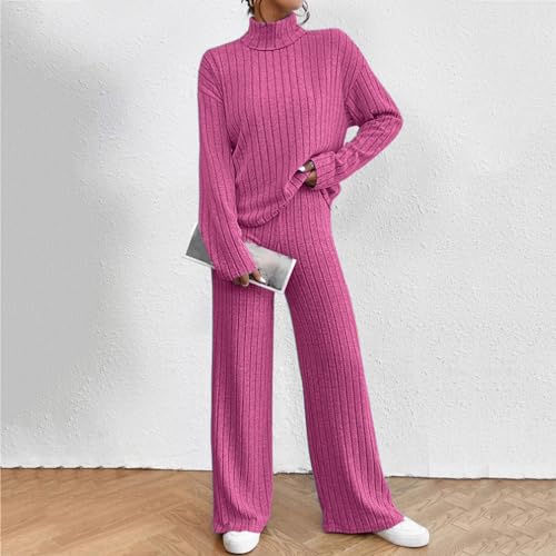 XINGJIAARTS Sweater Sets For Women 2 Piece Turtleneck Long Sleeve Tops Wide Leg Pants Matching Set Streetwear Lounge Pajama Hot Pink XX-Large (xx_l) - image 2