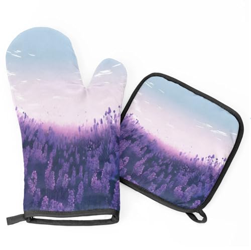 Beautiful Lavender Field Oven Mitts Kitchen Oven Gloves for Cooking Baking Heat Proof Lining Cotton Kitchen Potholder Mittens Pot Holders Hot Pads for Chef Women Men