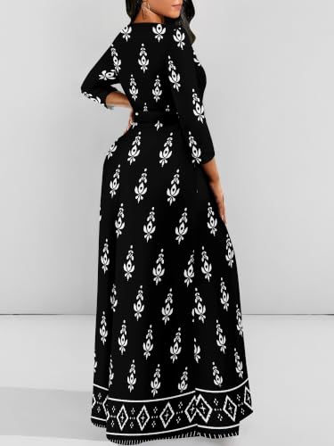 Image of Women Plus Size Long Sleeve V Neck Maxi Dress with Belt | Soft fabric relaxed fit three quarter sleeve v neck with pockets for party and daily wear