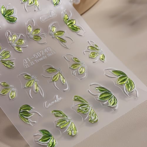 2Sheets Green Flower Nail Art Stickers 5D Embossed Spring Nail Decals Shiny Gold Green Gilding Floral Designs Self Adhesive Nails Supplies for Women Spring Flower Nails Art Accessories