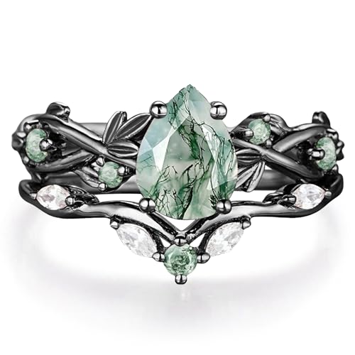 High-grade Natural Moss Agate Engagement Ring Set for Women 925 Sterling Silver 10K 14K 18K Gold Leaf Art Deco Genuine Green Moss Agate Bridal Promise Ring for Wedding Size4-12