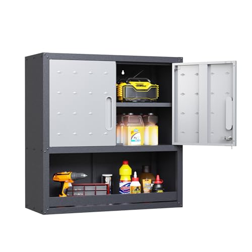 AQY Metal Garage Wall Cabinet with Locking Doors and Adjustable Shelf Opened Drawer,Wall-Mounted Storage Cabinet,Floating Upper Storage Cabinet for Garage,Kitchen，Warehouse，Assemble Required