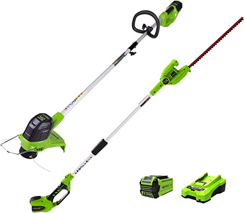 Image of Greenworks 40V 20 inch Cordless Pole Hedge Trimmer and 40V 12 inch String Trimmer, (1) 2.0Ah Battery and Charger Included