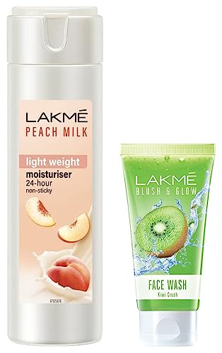 Image of LAKME Blush & Glow Kiwi Freshness Gel Face Wash, With Kiwi Extracts, 100G And Lakme Moisturizer Body Lotion, Peach Milk, 200Ml