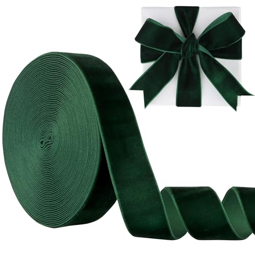 Velvet Ribbon Dark Green 1 Inch (25mm) 10 Yards Manjonzic Single-Sided Velvet Ribbon Trim Perfect for Christmas Trees Gift Wrapping Bouquets Wedding Decor