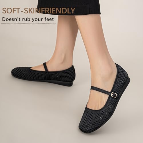 Image of Buyrew Women's Mary Jane Flats Breathable Mesh Square Toe Ballet Flats with Arch Support Washable Non Slip Casual Dress Shoes for Work Office