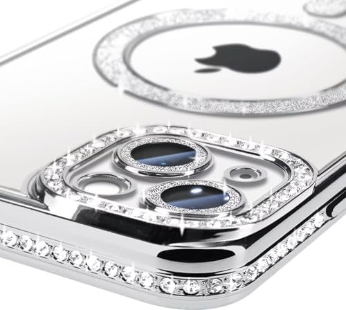 Image of DIZORO Compatible with (iPhone 15 Case) Clear Luxury Diamond Glitter Case |Camera Lens Protector with Glitter Ring | Premium Shockproof Glossy Shiny Back Cover Case for Girls Women -Silver