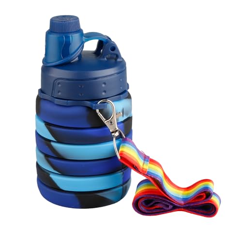 Rumyve 500ml Collapsible Silicone Water Bottle,Portable Leak Proof Water Bottles with Lanyard Straps,Octdoor Accessories for Kids Girls Boys Sports Hiking Trip Camping(Camouflage blue) Rumyve 500ml Collapsible Silicone Water Bottle,Portable Leak Proof Water Bottles with Lanyard Straps,Octdoor Accessories for Kids Girls Boys Sports Hiking Trip Camping(Camouflage blue)