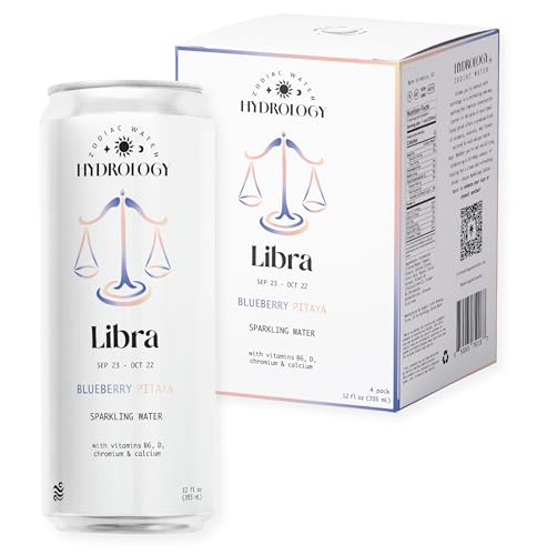 Hydrology Zodiac Water - Libra Blueberry Pitaya - Organically Flavored Social Sparkling Water with unique Vitamins and Minerals tailored to the Libra Zodiac Sign, Astrology Drink for Birthday Gift (4-Pack, Libra - Blueberry Pitaya)