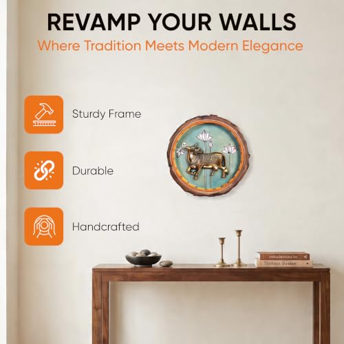 Image of AAKRITI ART CREATIONS Nandi Wall Art, Handcrafted Wooden Decor with Sacred Bull and Lotus Motif, Dhokra Art Set of 1, Multi Color Wall Panel | Matte Finish Mango Wood| Living Room, Bedroom, Office