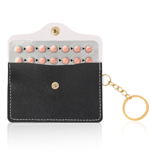 Mozeat Lens 1 Pack Birth Control Pill Case Sleeve Packet PU Leather Wallet Pill Holder Birth Control Case with Snap Closure and Keyring Contraceptive Medicine Holder for Travel Bag Backpack