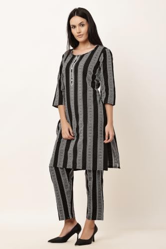 Image of Women Cotton Blend Kurti Pant Set for Women Ethnic Printed Straight Kurta with Pants Co Ord Set Casual Office Wear Traditional Kurta Set Blue 3 /4 Sleeve Round Neck