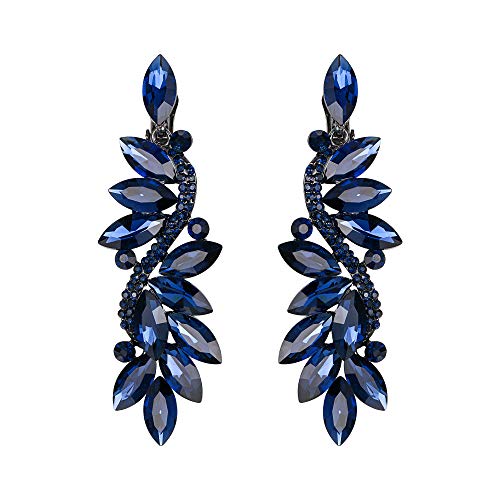 BriLove Wedding Bridal Clip On Earrings for Women Crystal Multi Marquise Filigree Flower Chandelier Dangle Earrings Navy Blue Sapphire Color Black-Silver-Tone