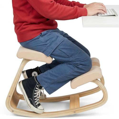 WUDLEP Ergonomic Kneeling Chair, 250LB Load Capacity Posture Stool for Home Office Meditation, Wooden Kneeling Rocking Chairs for Back and Neck Pain Relief and Improvement(Beige)
