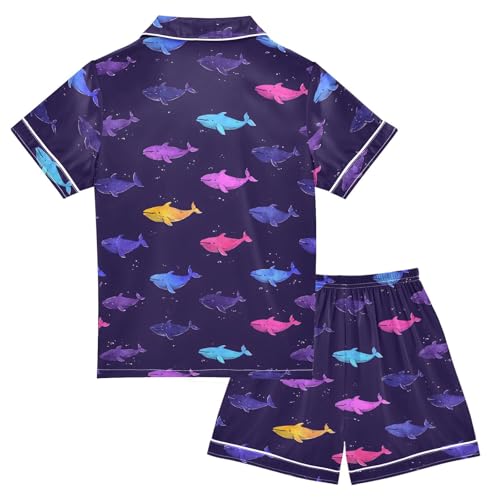 ALAZA Rainbow Shark Whale Blue Satin Pajamas Set Short Sleeve Button Down Sleepwear Summer Pjs 2 Piece2