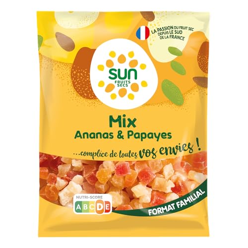 SUN - Mix Ananas Papaye 250 g - Mélange Cubes Ananas & Papaye - Mix Apéro Exotique - Idéal Pour Snacking, Apéritif - Fruits Déshydratés