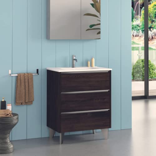 Mueble de Baño al Suelo con Lavabo Cerámico Escorpio | Mueble Baño con Patas de 3 Cajones con Cierre Amortiguado y Organizador Máximo Almacenamiento | Wengue Tirador Cromo | 60cm