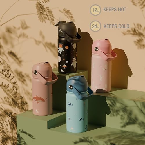 WigglyWhale Stainless Steel Kids Water Bottle – 380ML, BPA-Free, Leakproof, Insulated, Double Wall, for School & Toddler Use, with or Without Straw, Hot & Cold Liquids