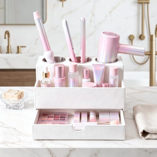 Image of AceOrbit Hair Tool Organizer with Drawer Back to School Gift Leather Bathroom Vanity Organizer White Blow Dryer Hot Styling Tool Hair Holder for Countertop Curling Iron Flat Iron Straightener Makeup