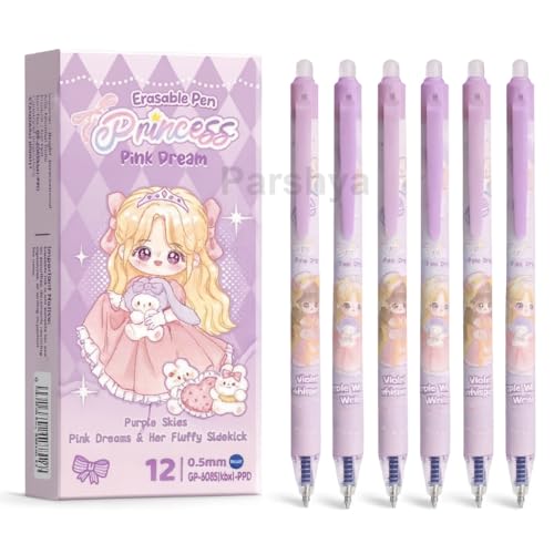 Image of KiddieWorld Princess Pink Dream Erasable Gel Pens Set of 12 | 0.5 mm Fine Tip Blue Ink | Heat Erase Technology | Cute Stationery for Kids Students School Exams