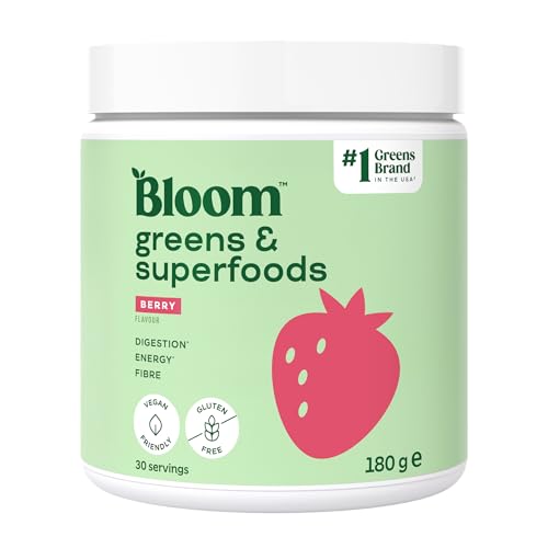 Bloom Super Greens Powder Berry (30 Servings) with Probiotics Digestive Enzymes Spirulina & Chlorella Sugar-Free