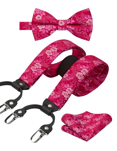 Image of HISDERN Suspenders for Men Paisley Floral Bow tie Suspender Pocket Square Sets Adjustable Y Shape 6 Clips Wedding Braces