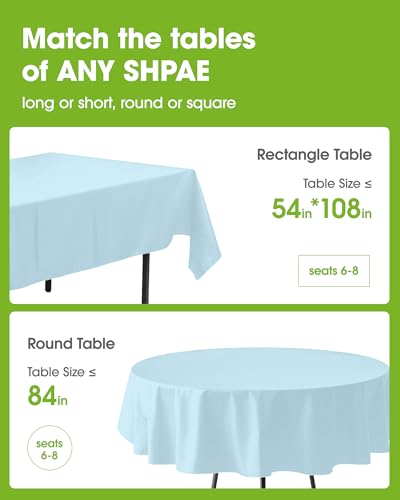 Image of Pureegg Plastic Table Cloth Disposable 8 Pack, 54 x 108 Inch Table Cloths, Easter Party, Picnic, Wedding, Decorative Tablecloths, Rectangle, Baby Blue Plastic Cover, Leakproof & Sturdy, Light Blue