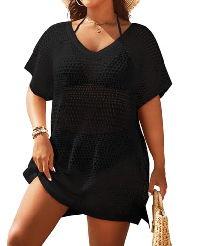 Yonique Plus Size Swimsuit Cover Up - Crochet Swim Cover Up 2025 Bathing Suit Short Sleeve Beach Dress