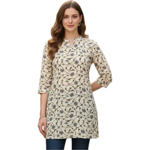 Image of Women's Floral Printed Rayon Short Kurti, Casual Ethnic Style, Side Slits, 3 /4 Sleeves, Regular Fit, for Jeans & Leggings