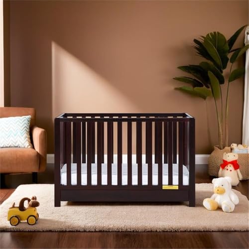 Image of Pemberly Row 4-in-1 Convertible Crib with Drawer, New Zealand Pine Wood, Espresso Finish, 3-Position Adjustable Mattress Support, Modern Nursery Furniture, Converts to Toddler Bed, Daybed, Full-Size