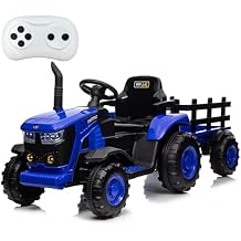 12V Battery Powered Kids Ride On Tractor with Remote Control & Detachable Trailer -Kids Tractor with 35W Dual Motors, Bluetooth Music, 3-Gear Shift, Safety Belt & 7 LED Lights for Boys and Girl,Blue