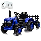 Kids Ride On Tractor, 12V Battery Powered Tractor Car Toy with Detachable Trailer and Remote Control, Safety Belt, Dual 35W Electric Vehicles for Boys Girls, Blue
