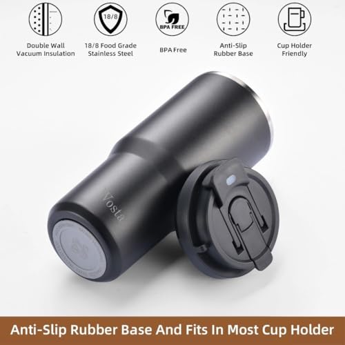 Image of Wosta 750 ml Stainless Steel Insulated Tumbler - Dual-Lid (Flip-Sip + Straw), Tea /Fruit Strainer, Leak-Proof Screw-On Lid, Silicone Straw & Hanging Belt. (Black)