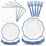 96 Pcs Blue and White Paper Plates and Napkins Set, Tableware set for 24 Guest include White Dessert Plates with Blue Scalloped Edge, Napkins and Forks for Baby Boy Shower, Bridal Shower, Wedding