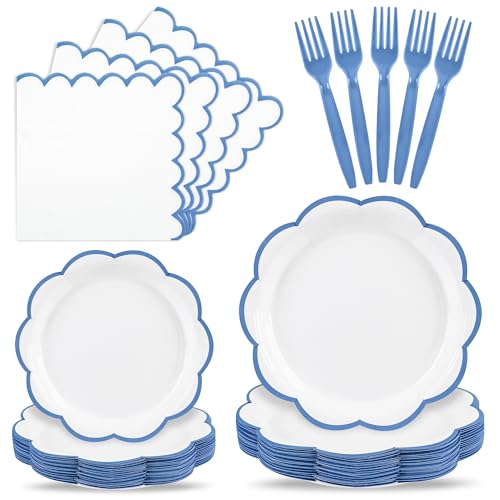 96 Pcs Blue and White Paper Plates and Napkins Set Tableware set for 24 Guest include White Dessert Plates with Blue Scalloped Edge Napkins and Forks for Baby Boy Shower Bridal Shower Wedding