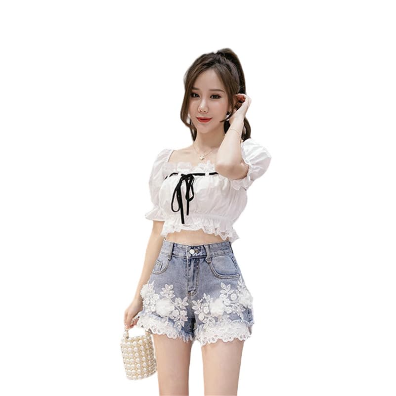 Short en jean femme jambe large brodé fleur et taille haute pour le printemps été
