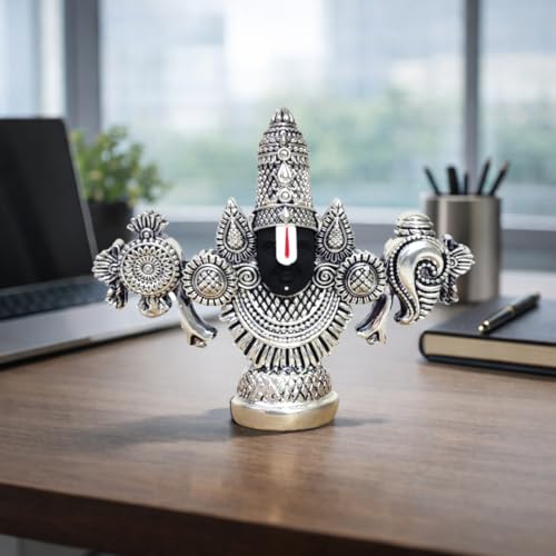 Image of Gold Art India Lord Venkateswara Balaji Idol | Silver-Plated Antique Matte Finish | 3.5 x 4.2 inch | Tirupati Balaji Statue for Home Mandir, Office & Gift Purpose