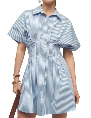 Image of Women Summer Short Sleeve Button Front Pleated Shirt Dress Striped Collar V Neck Casual Y2k Swing Short Mini Dress