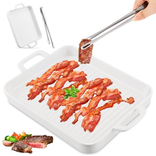 Ceramic Bacon Baking Tray & Stainless Steel Grill Tongs,10 * 8 * 7Inch Microwave Bacons Cooker,Square Microwave Safe Bacon Pan,Bacons Cooker Make Crispy-Bacon In Few Minutes