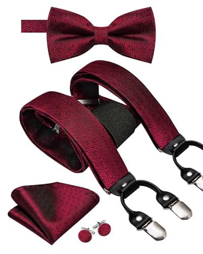 Image of Dubulle Suspender and Bow Tie for Men Paisley Solid Mens Suit Braces Pretied Bowtie and Handkerchief Cufflinks Formal Wedding