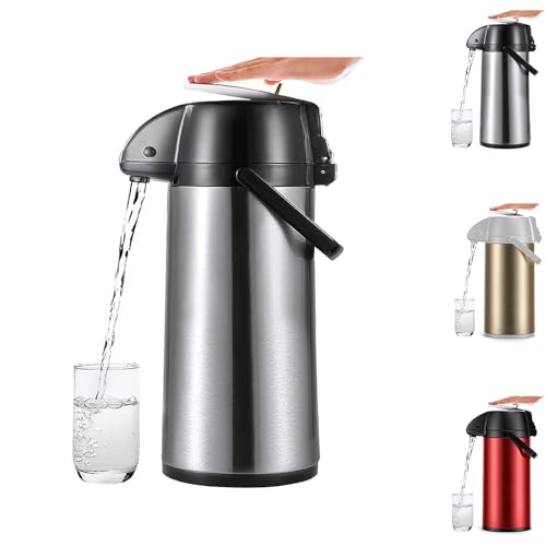 Aoccqkfエアーポット 大容量 魔法瓶 保温ポット ステンレスエアーポット 家庭用 48時間の長期保温 真空断熱 保温 保冷 卓上ポット 広口 プッシュ式 オフィス 業務用 旅行用 シルバー ケトル 水筒 携帯ポット (シルバー,2.2L)