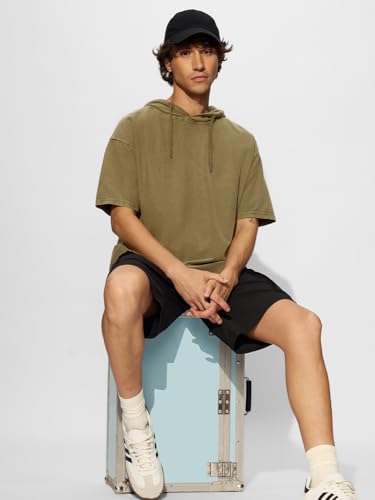 Image of The Souled Store Men and Boys Short Sleeves Solid Cotton Oversized Hooded T-Shirts